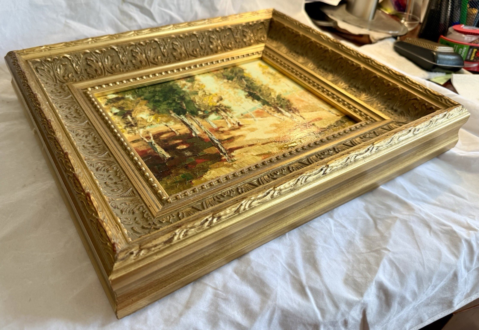 Original Oil Painting Fall Landscape Heavy Ornate Frame 15” x 13.5” x 2.5”
