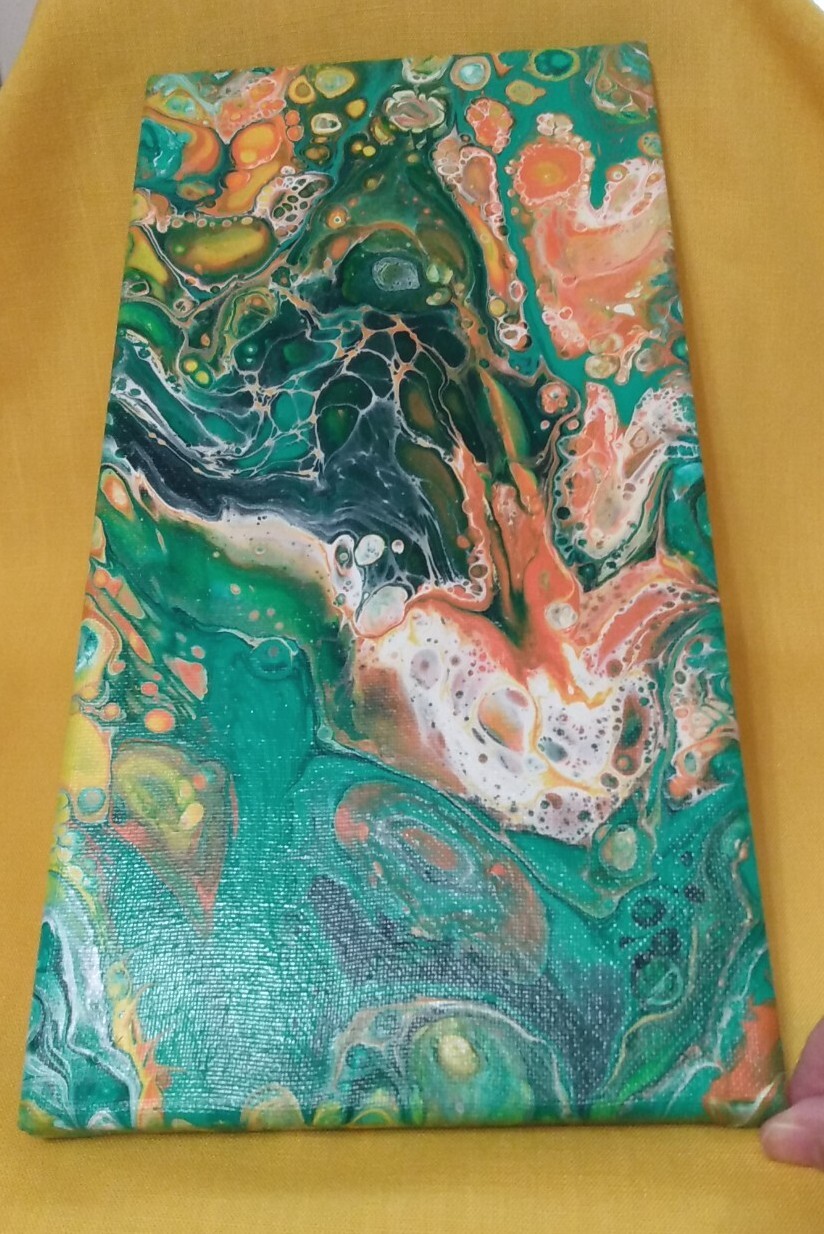 Original Abstract Painting Modern Canvas Wall Art Acrylic Pour OOAK 14″ x 7″ EUC