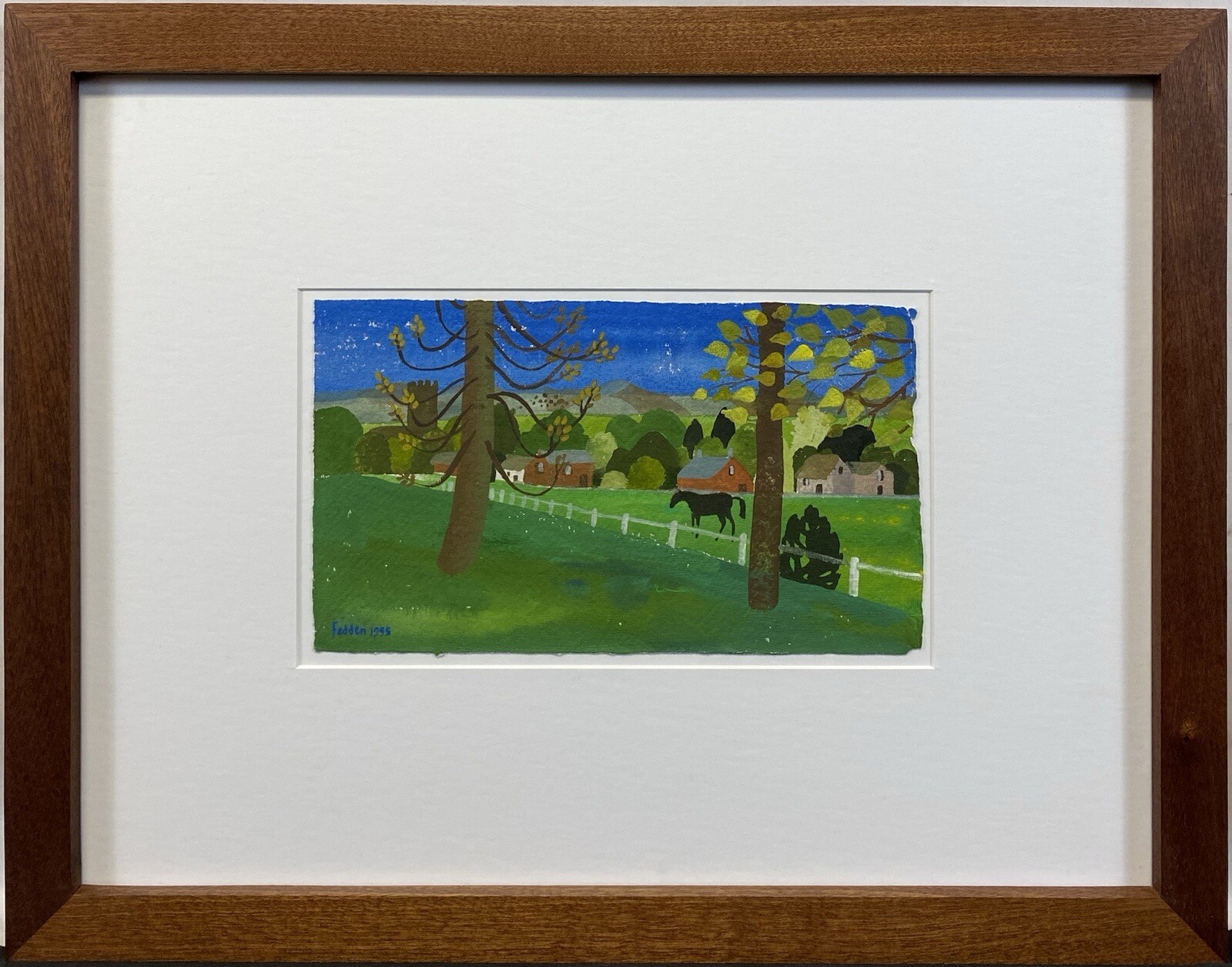 Original 1995 Mary Fedden Farm Landscape with Horse and Barns Gouache Signed