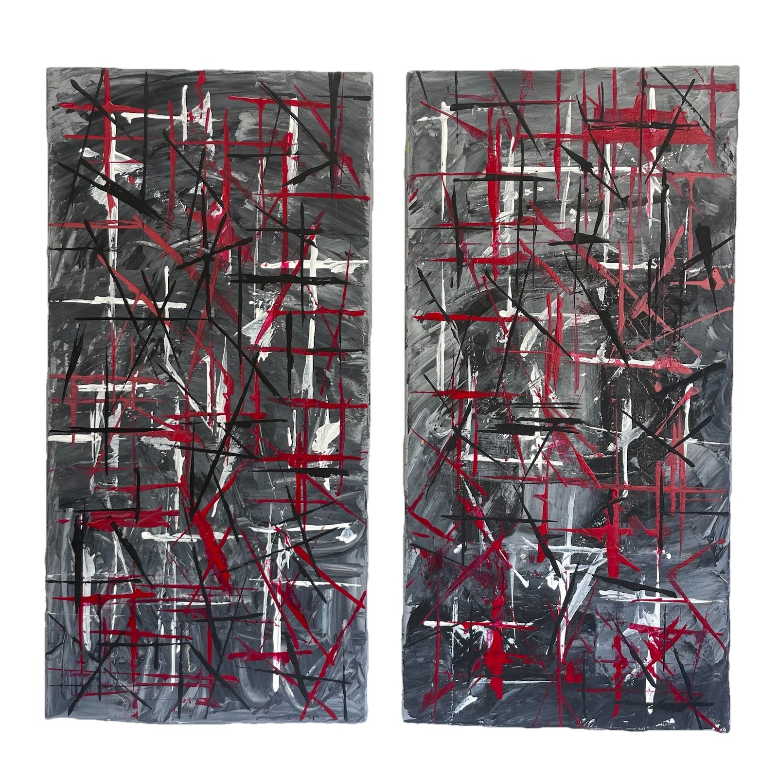 NEW! Abstract Art 20” x 10” Pair (2 Pieces) Gray Black White Red Acrylic