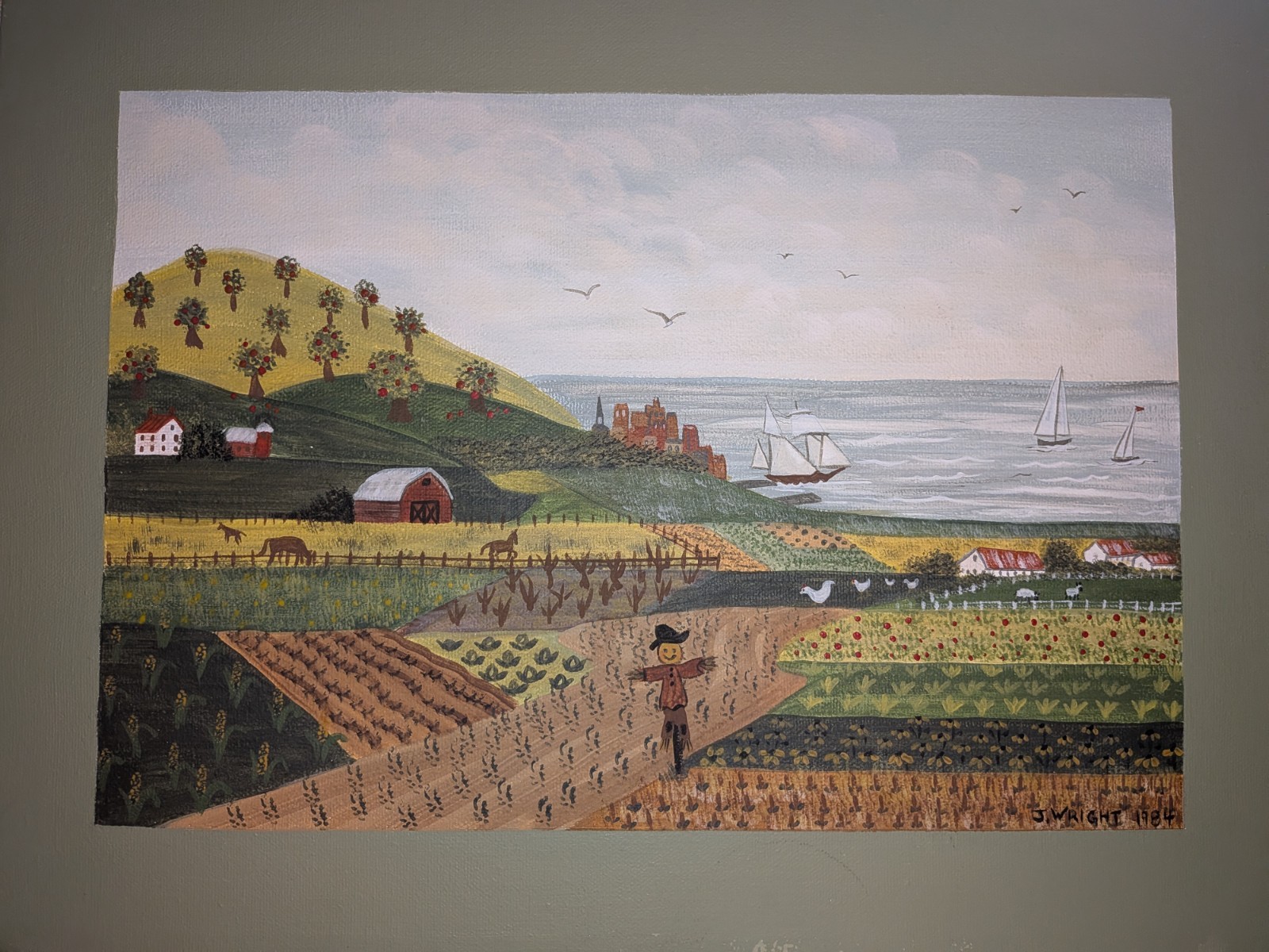 VTG 1984 Americana, Folk Art Painting, Primitive New England Coast by J. Wright