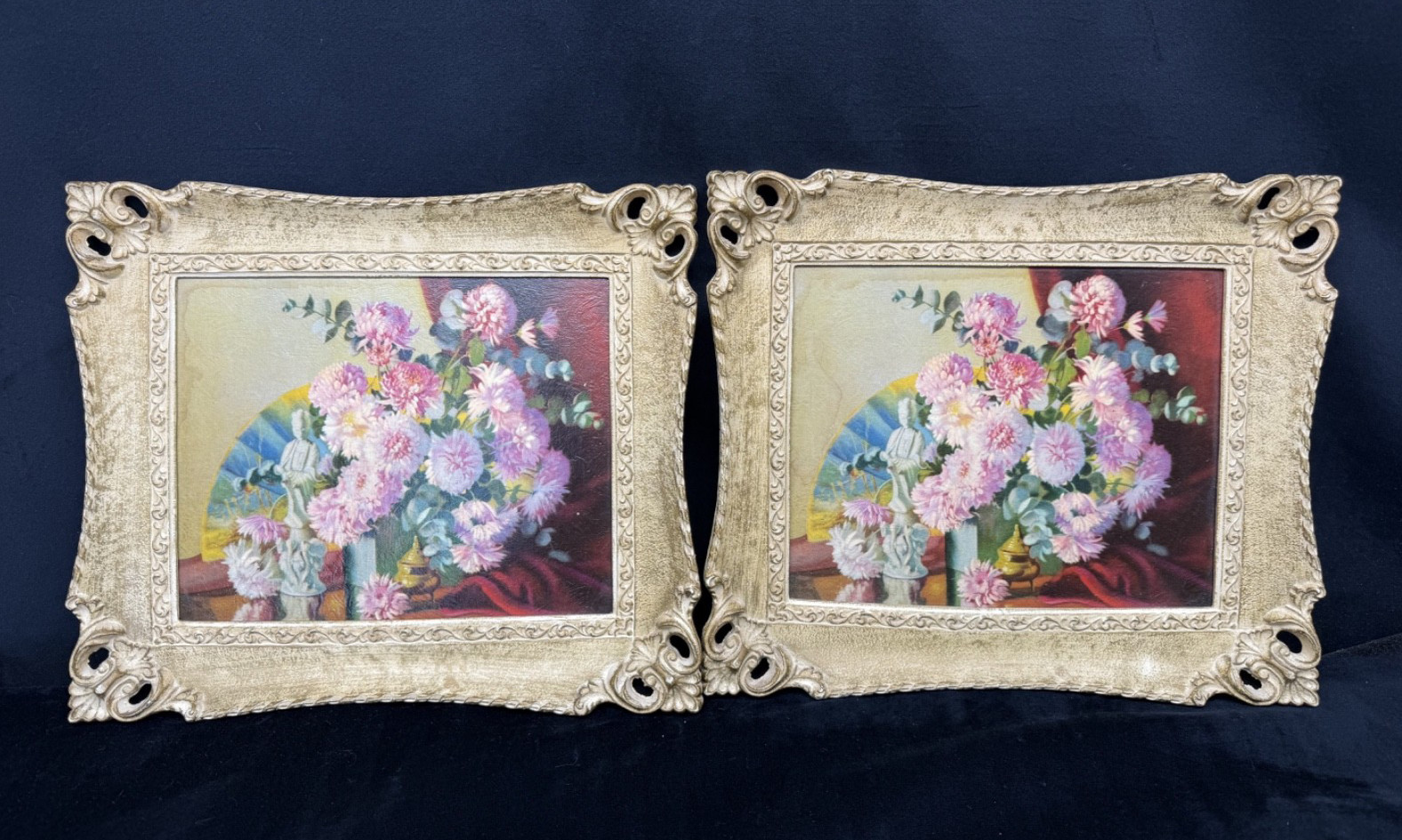 Vintage Pair Framed Floral Paintings Ornate Cottage Core Victorian Asian Artwork