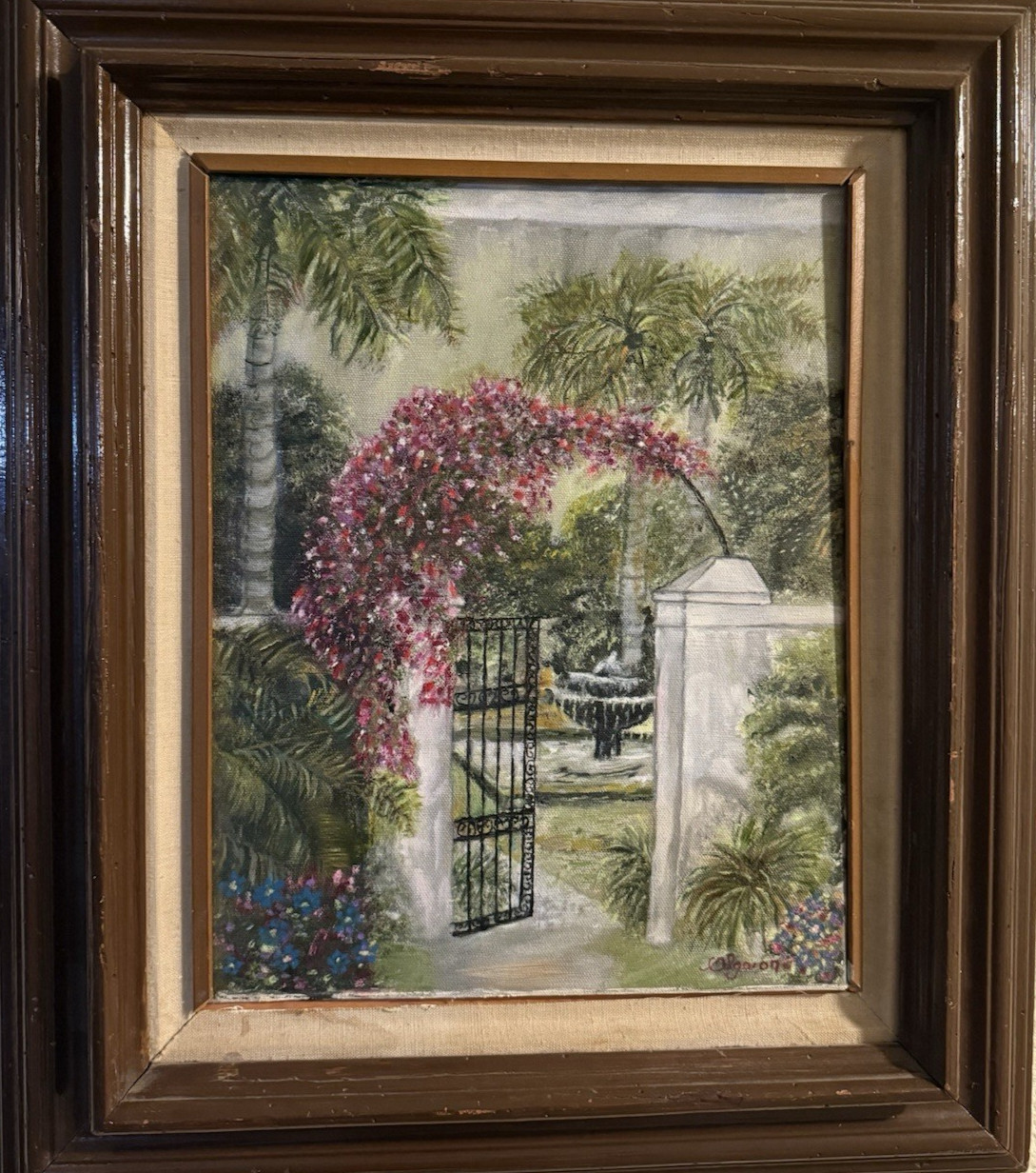 Vintage Signed S.L. Goron Garden Palm Floral Oil Painting Framed 18.5″ x 21.25″