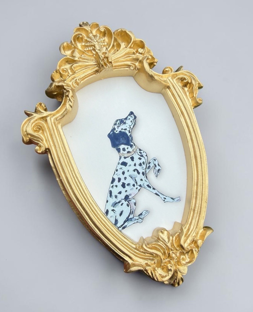 Dalmatian Dog mini watercolor art print in gold vintage style ornate frame