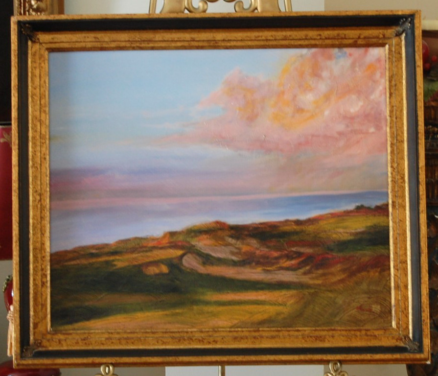 VINTAGE 1990’S FRAMED ABSTRACT OIL SEASHORE AT DUSK LANDSCAPE ARTIST: M. PEARSON