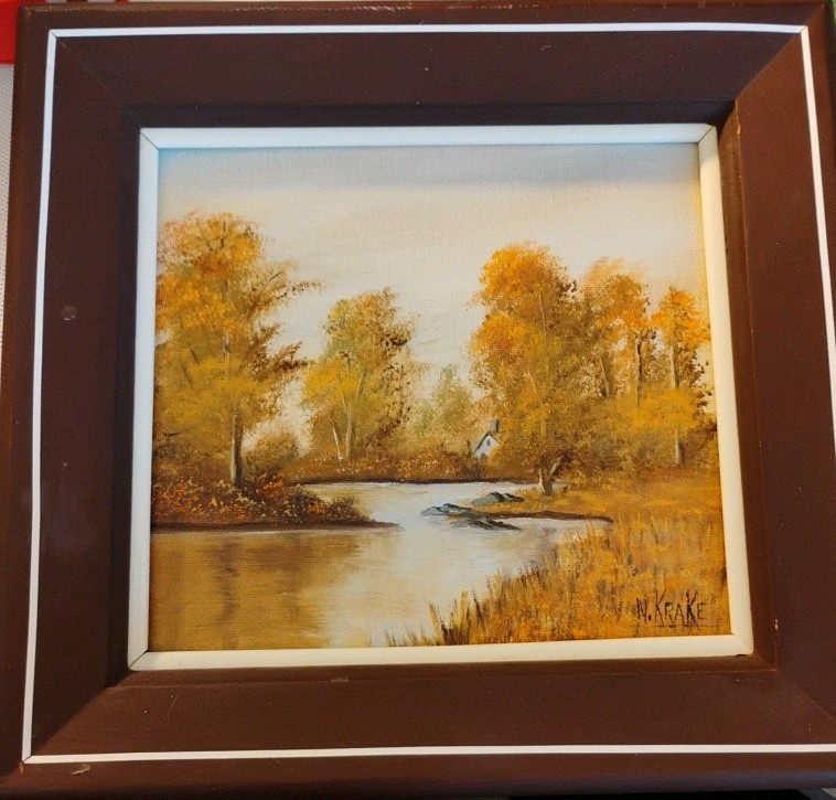 Small framed oil on canvas Serene autumn landscape river signed artist N. Krake