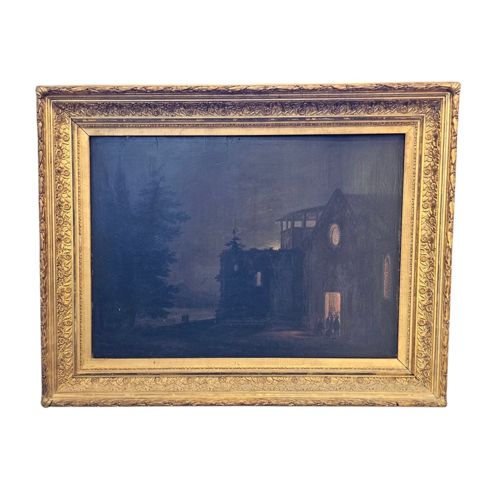 19th C Gothic Revival Nocturne Oil on Panel James S. Earle Label 1879