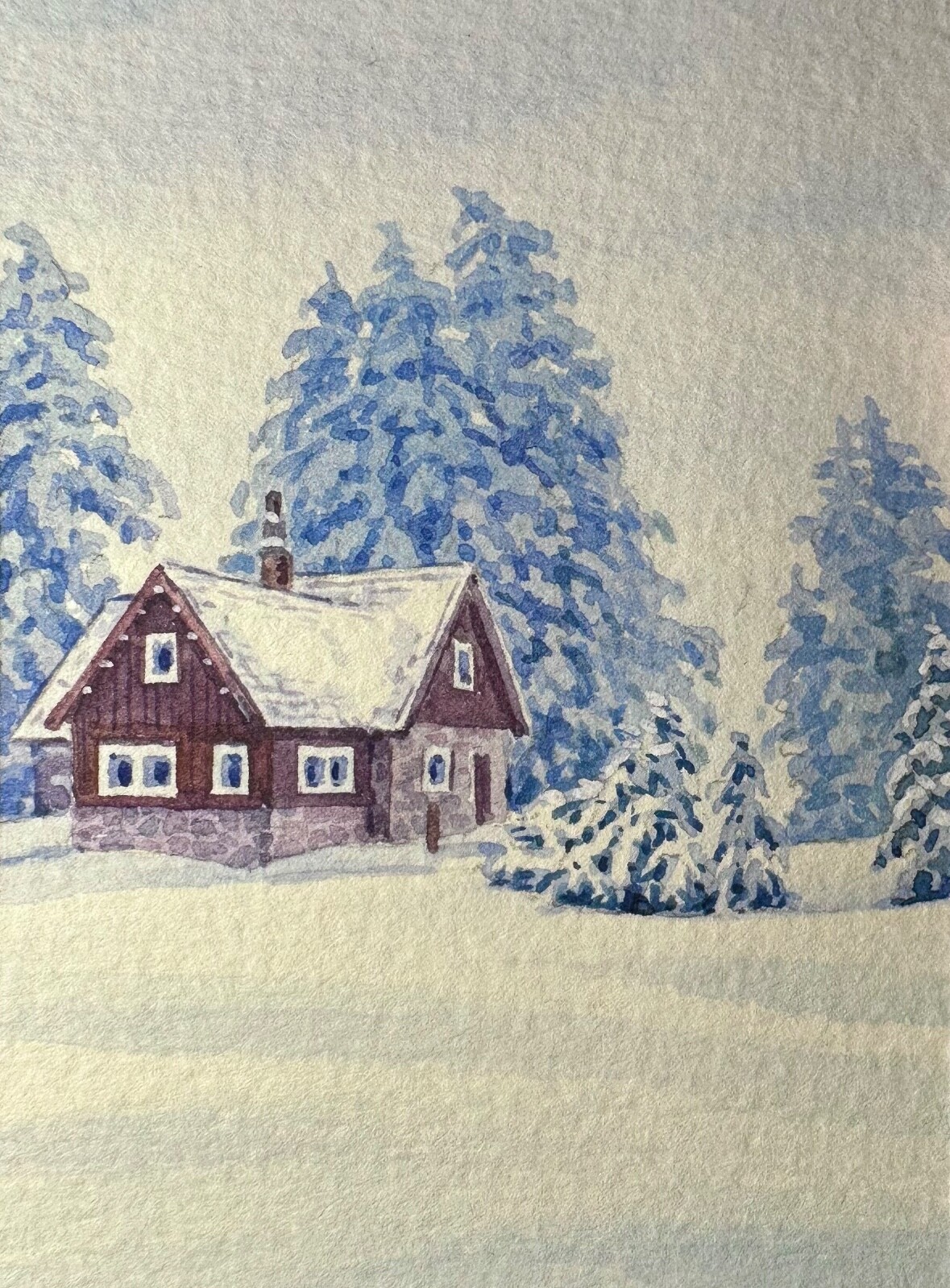 Watercolor Painting Winter Snow Forest House Cabin Landscape ACEO Art No.89