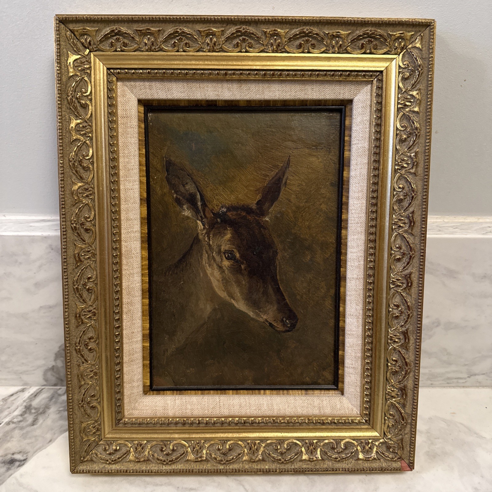 Small Antique Oil Painting Deer Circa 1900 Austria Unsigned Fine Quality 14”