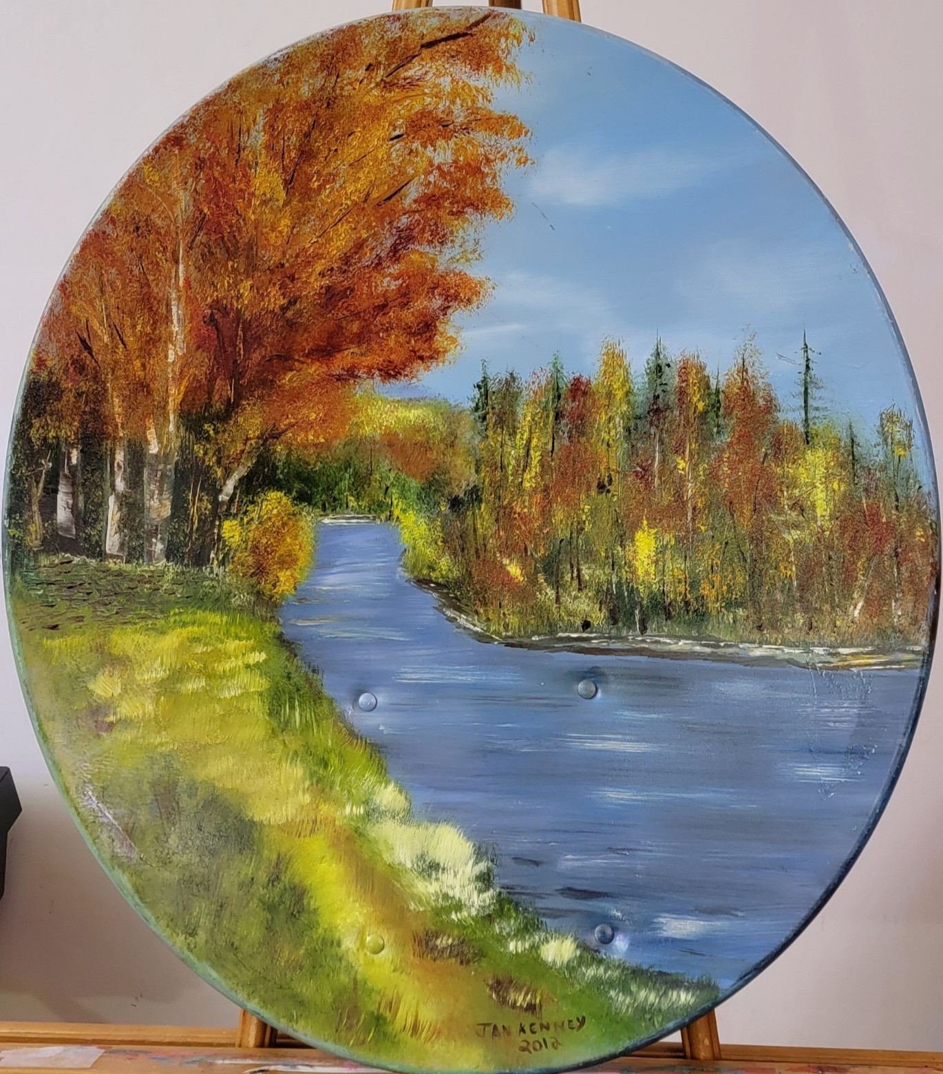 Oval Shape Oil Painting Recycle TV Antenna Dish One-Of-A-Kind Signed Jan Kenny