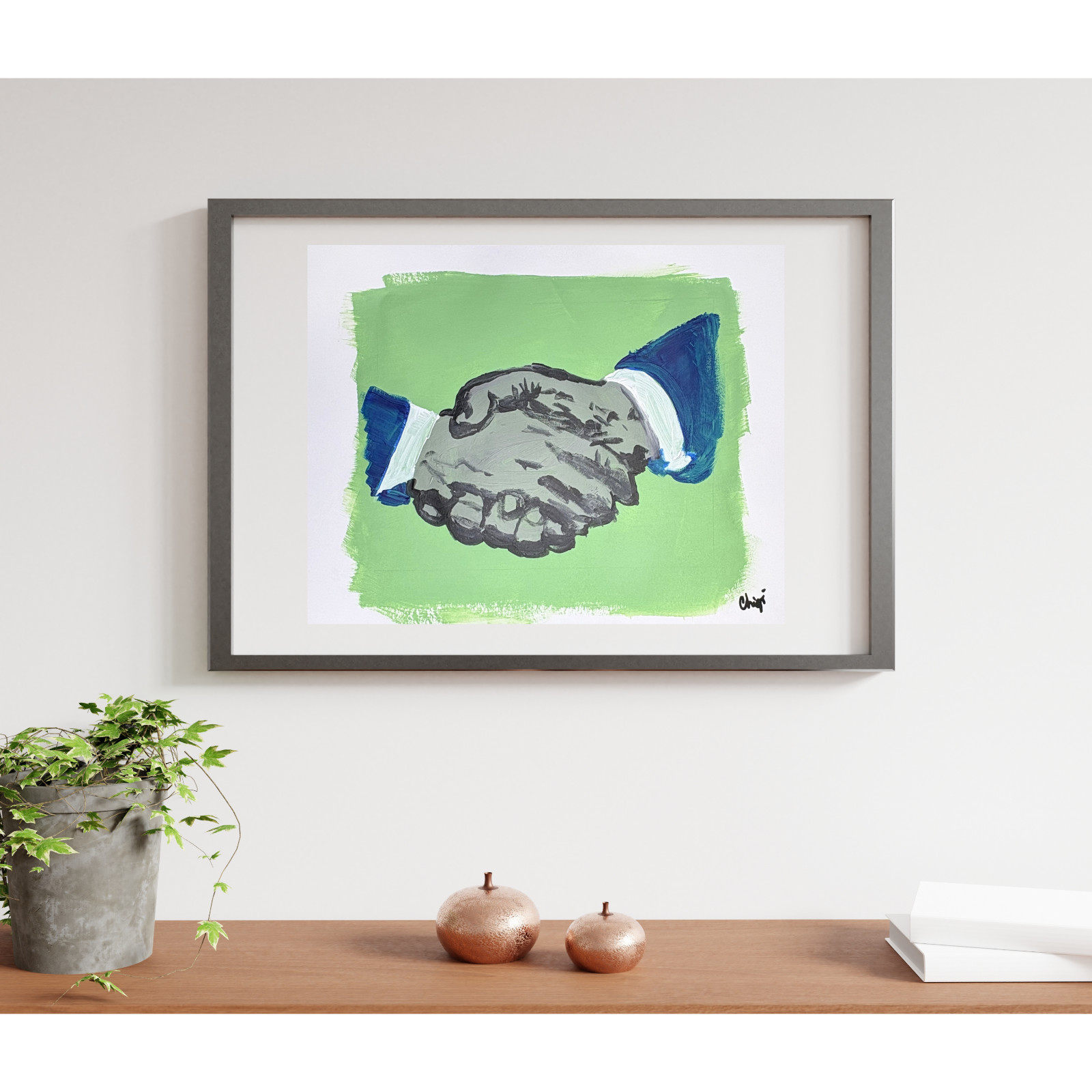 Hand Shake, Contemporary Expressionist 11×14 Grey, Blue, & White Original Paper