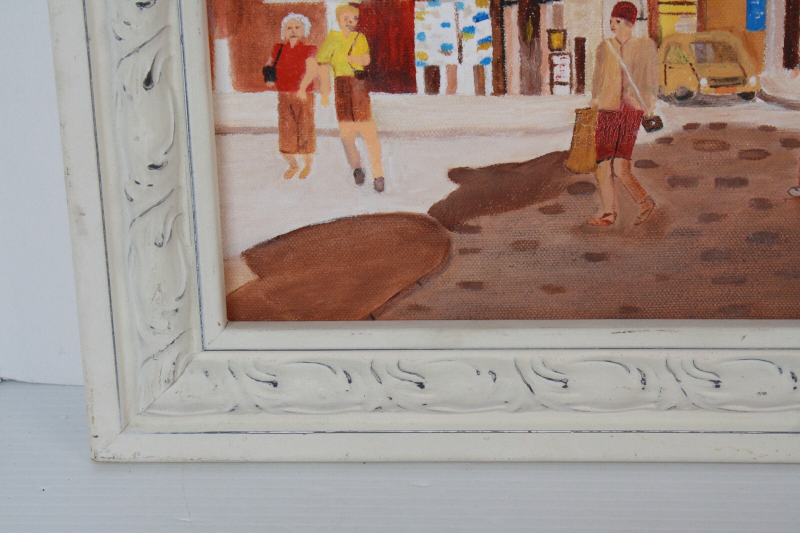Vintage Cityscape Downtown Cobblestone Street Scene Oil Painting Unsigned Framed