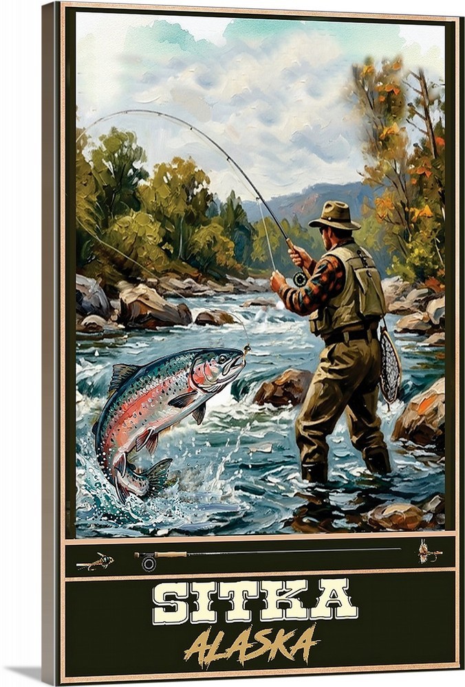 Salmon Fly Fishing Travel Poster Sitka Alaska Print, Canvas, or Framed