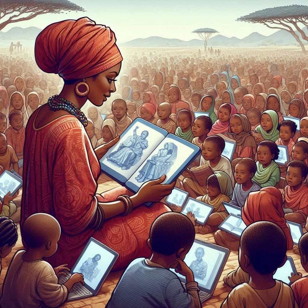 This captivating image features a brown African woman reading to a group of 300,