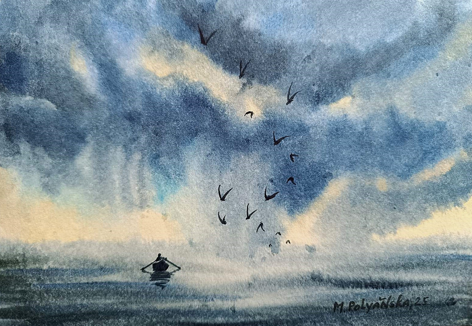 LONELY FISHERMAN BOAT Original Artwork Painting Landscape CLOUDS Seascape GiftA5
