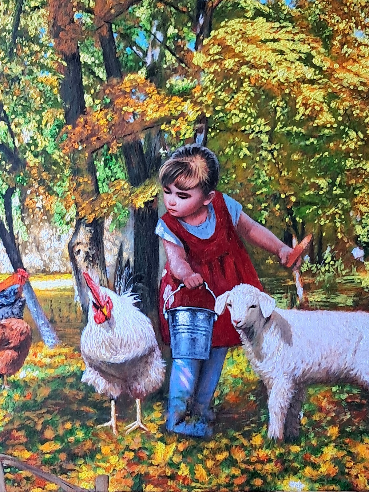 Young Hostess Repeat ~ Original Oil Painting 80x60cm Child with Farm Animals