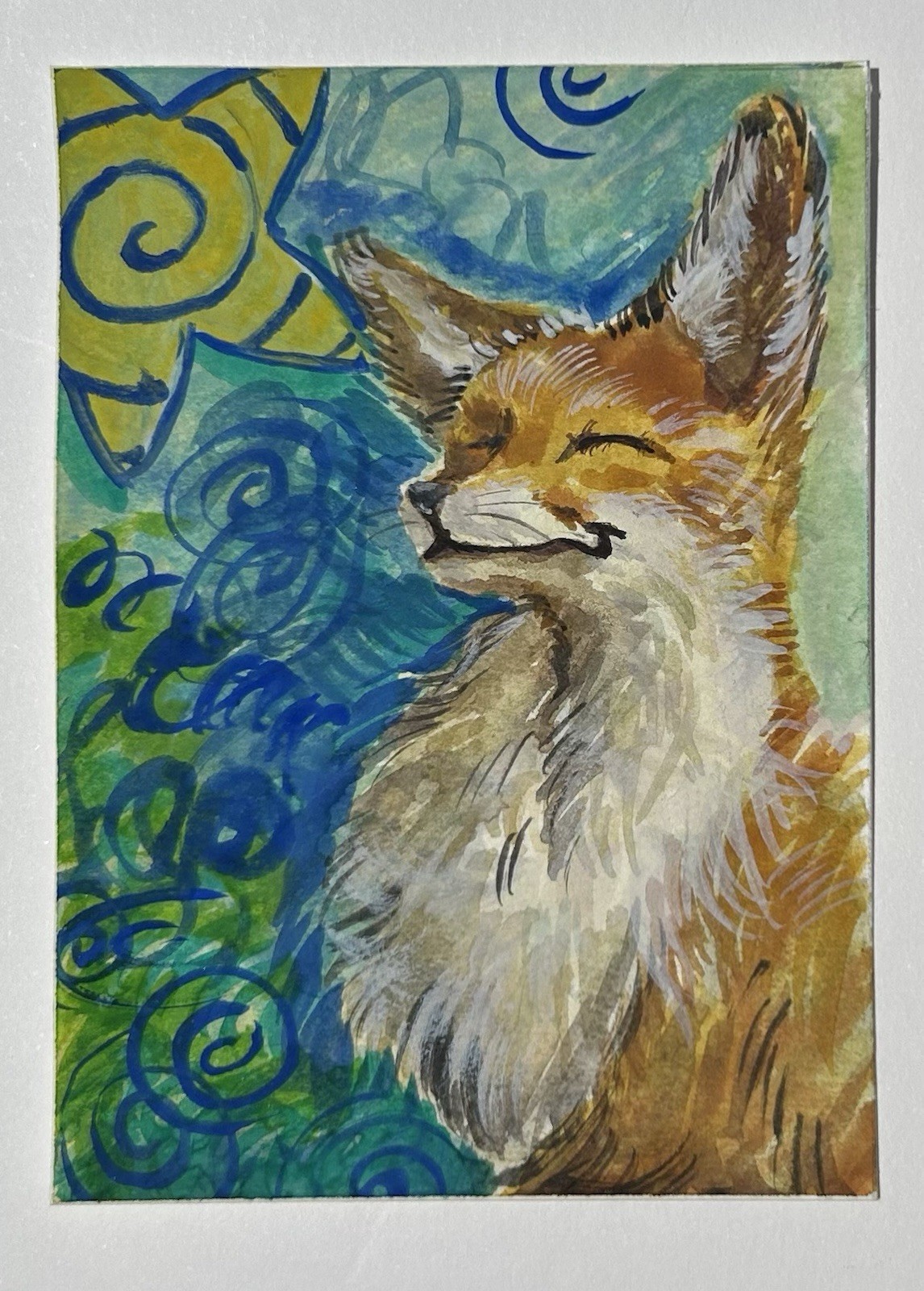 ACEO Original Watercolor Fox with abstract background by reasond_mangos