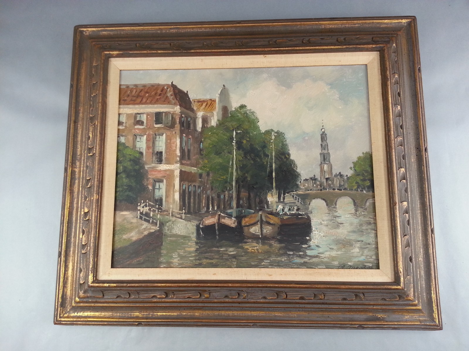 Vintage Claude Montier Oil Painting Amsterdam Canal Cityscape Signed Framed Art