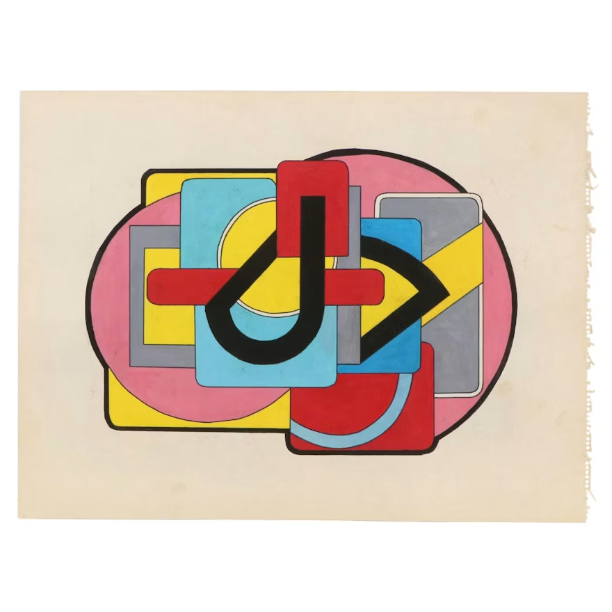 Vintage Geometric Double-Sided Gouache Painting, 20th century -abstract, mcm-