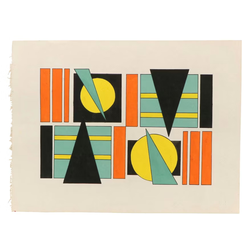 Vintage Geometric Double-Sided Gouache Painting, 20th century -abstract, mcm-