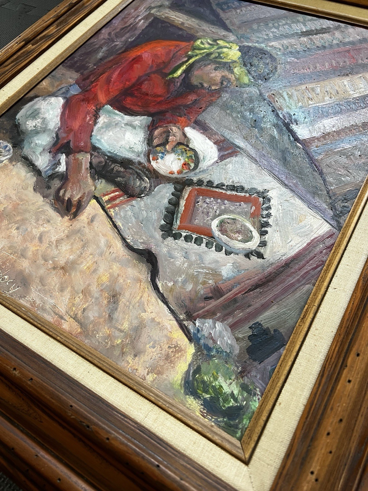 Vintage Acrylic Painting “Decorative Rug Vendor American Indian” by Bill Rakocy