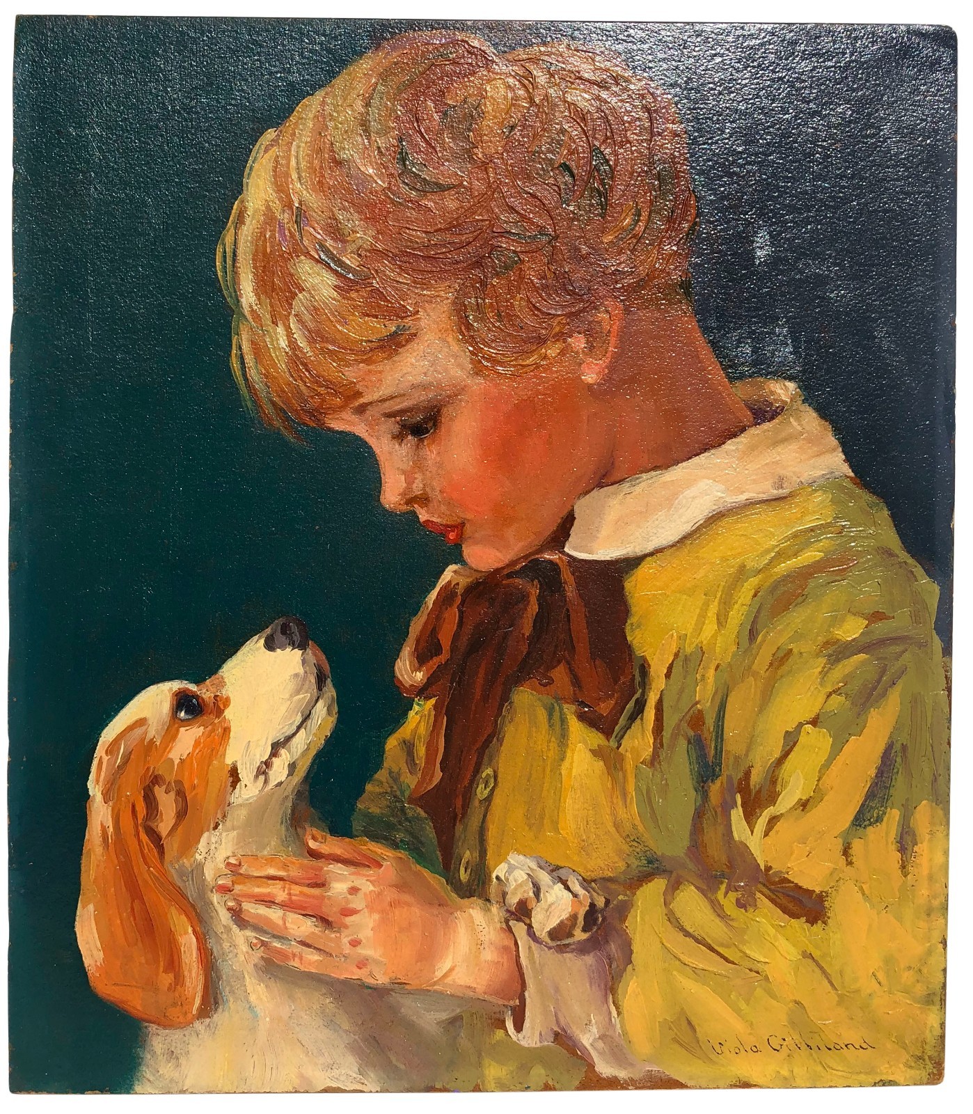 Vintage Signed Viola Gilliland Oil Painting Boy With Dog 13.5″ x 16″ Folk Art