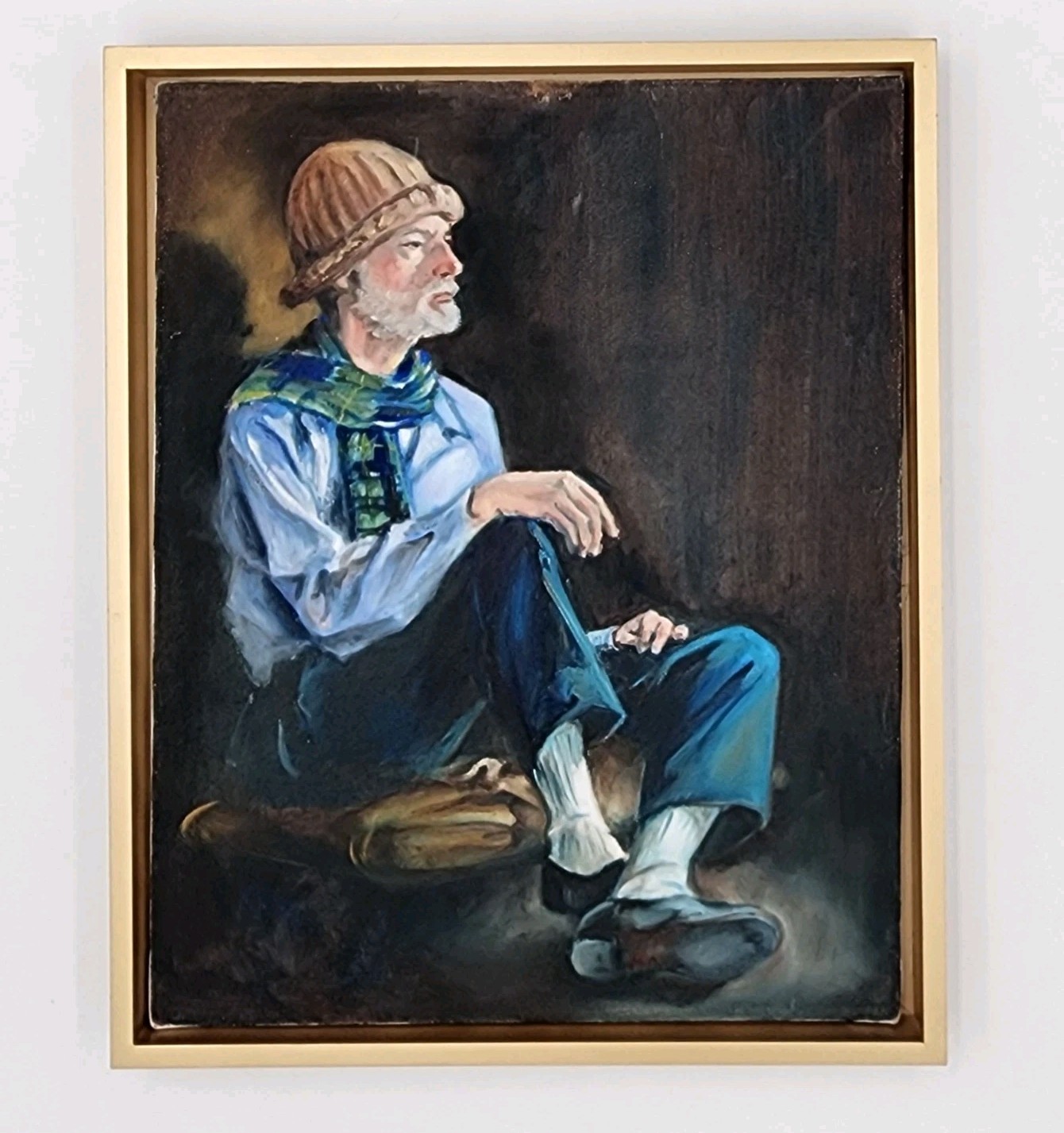 Original Oil Painting Portrait Seated Older Man Blue Scarf & Brown Knit Cap Art