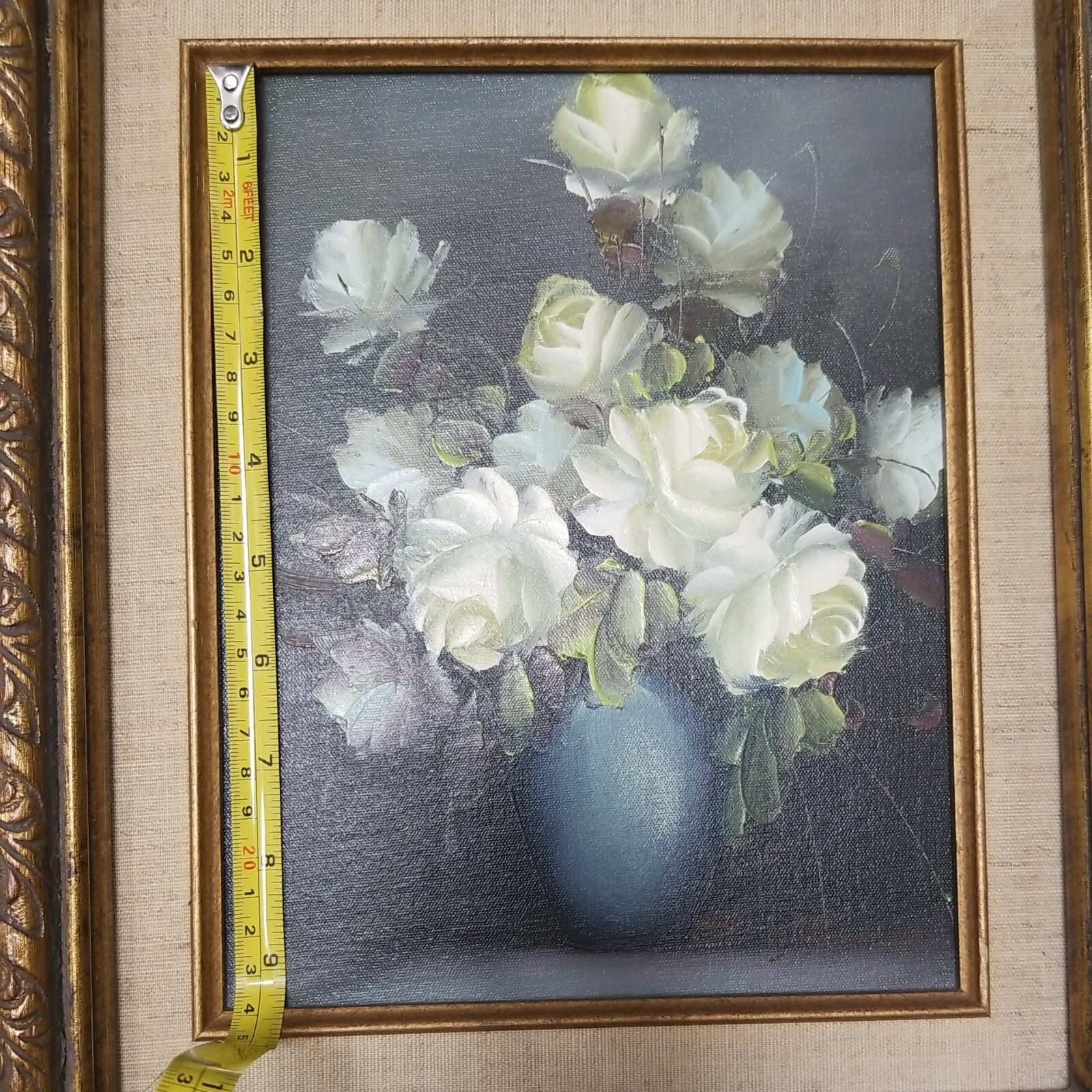 Still Life Oil Painting White Roses Bouquet Flowers In Vase Framed Canvas Signed