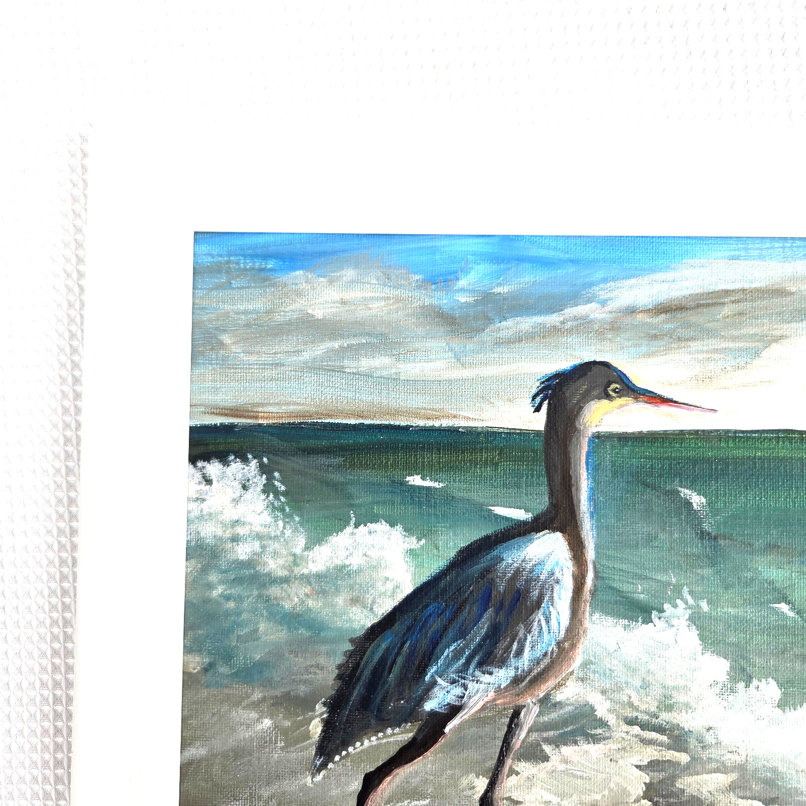 Original Painting Wall Art Blue Heron Frame in Gulf Sea 16.5 x 13.5″ Artist Sign