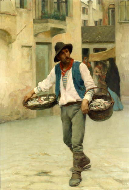 Charming Oil painting male portrait the fish seller in the street no framed 36″