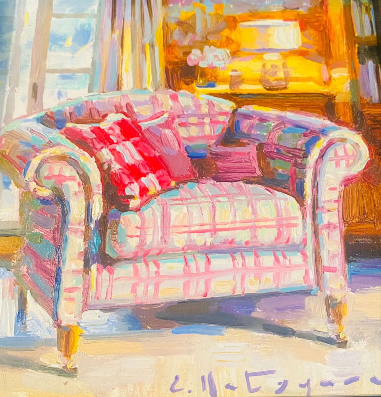 Original Oil Painting by Russian Artist Elena Katsyura «Plaid Loveseat» 6 x 6
