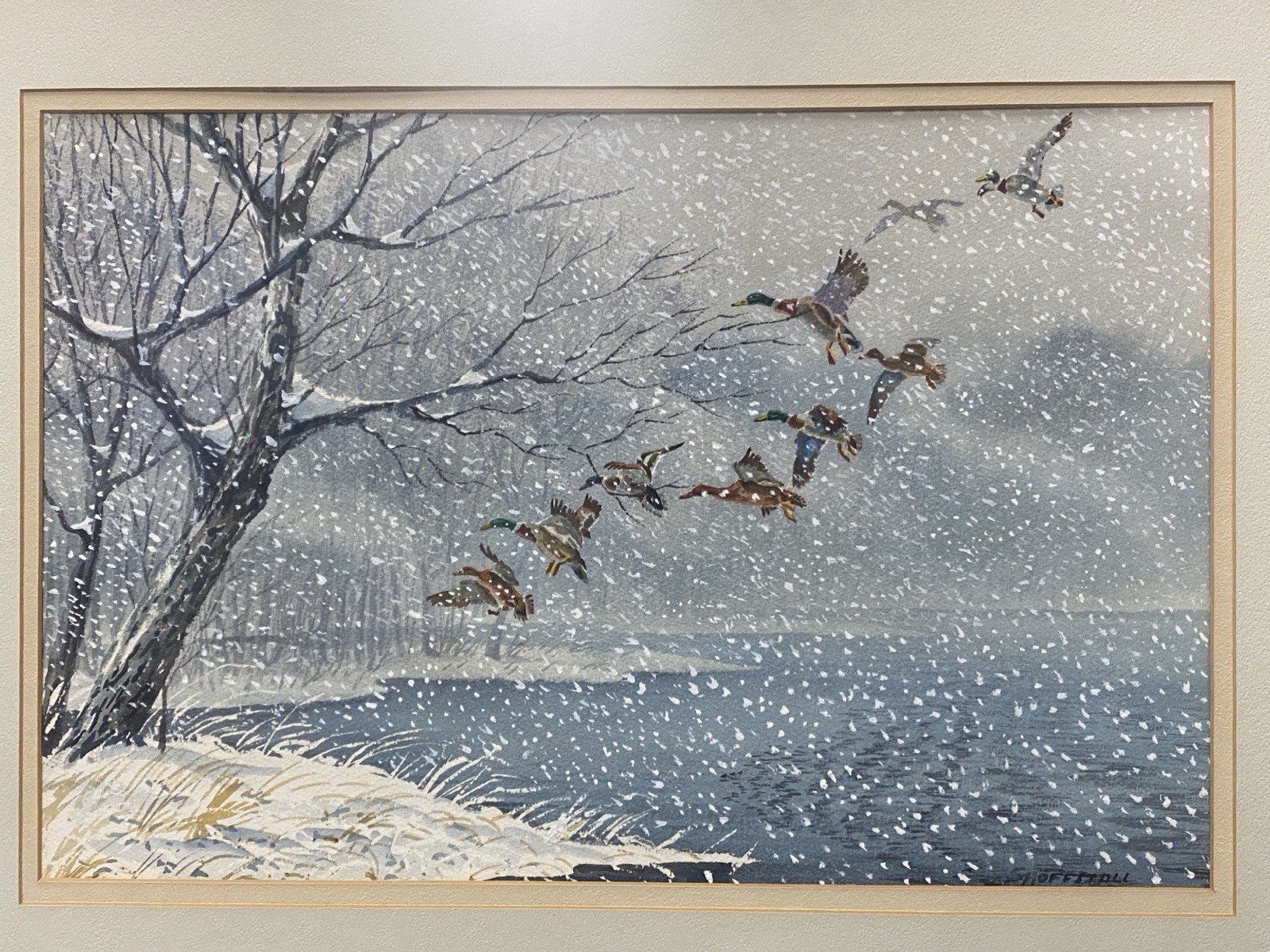 Don «Doc» Shoffstall (1922-1981) Watercolor Painting Ducks Flying in Snow Storm