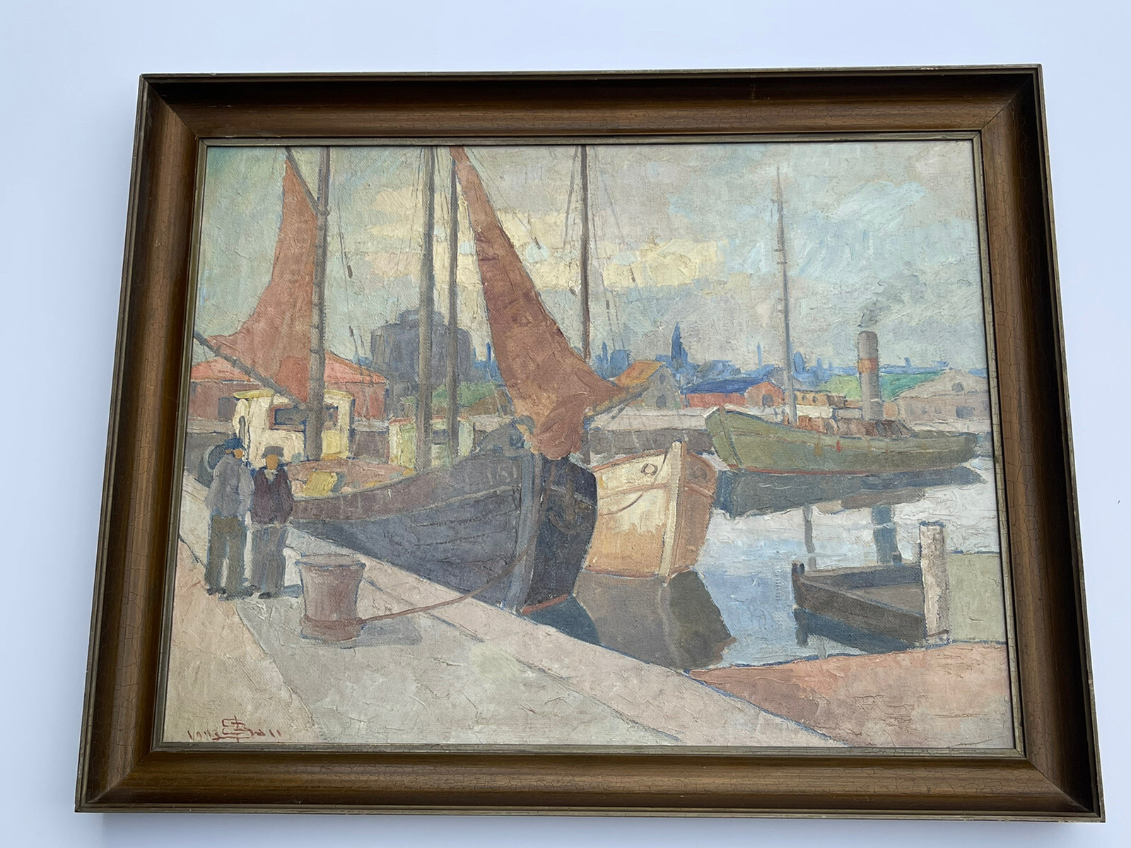 Antique Nautical Painting Marina Boat Ship Dock Landscape Listed Impressionism