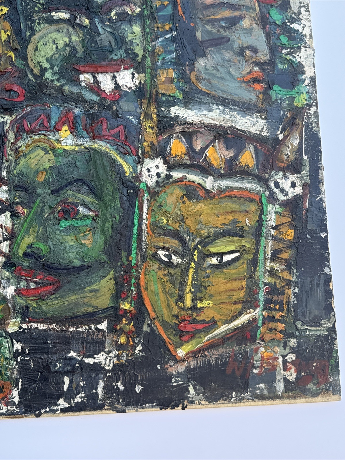 MID CENTURY PAINTING PORTRAIT ABSTRACT MODERNIST FACES HEADS ASIA INDIA MYSTERY
