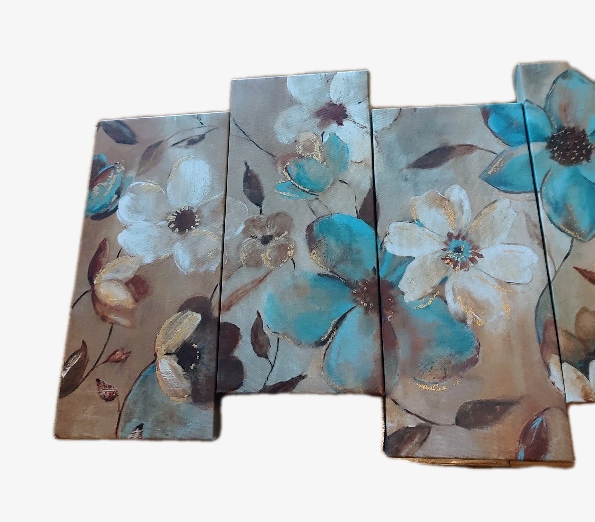 5 Panel Canvas Wall Art Teal/Beige Flowers With Gold Embossing