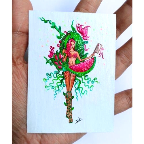 ACEO Original Abstract Fruit Lady UV Radiant Acrylic Pop Art Hand Paint NEW OOAK