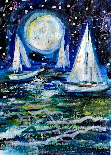 ACEO Original Painting FIREWORKS Summer Sailboats Ocean Sea Bay Boats Night ART