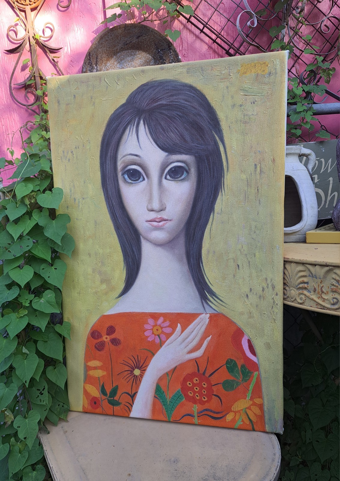 Big Eyed Girl Oil Painting Unsigned Vintage Style Orange Gold 18 X 28 Unframed