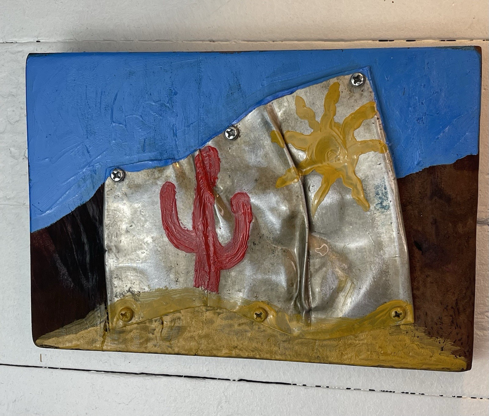 Painting Mixed Media Collage, Aircraft Aluminum, Oil, Acrylic On Wood, Desert