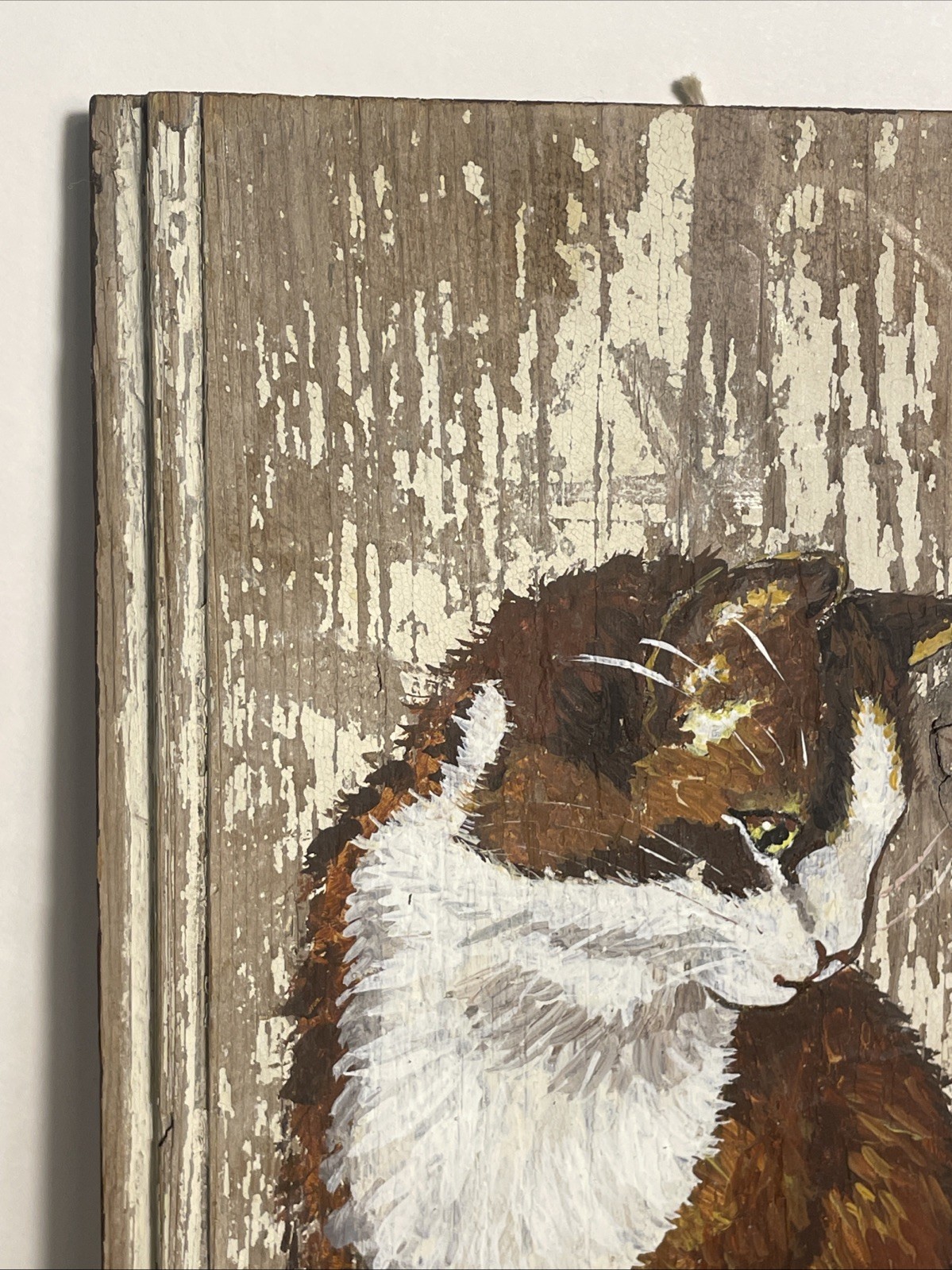 Charming Cat Painting on Rustic Reclaimed Barn Board – Farmhouse Folk Art Signed