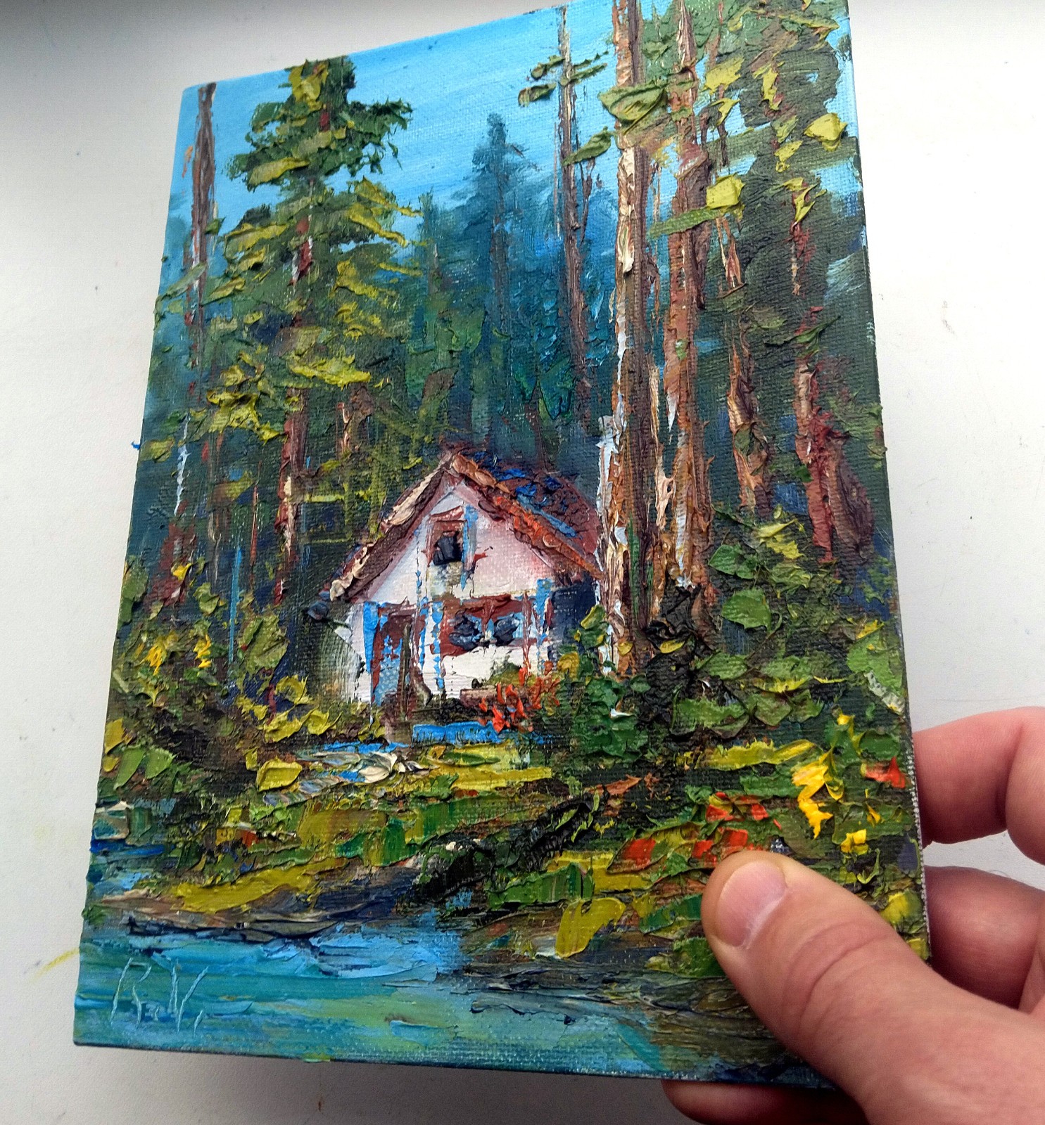 Pine Tree Forest Hidden House 7×9″ Mount Rainier National Park Oil Painting