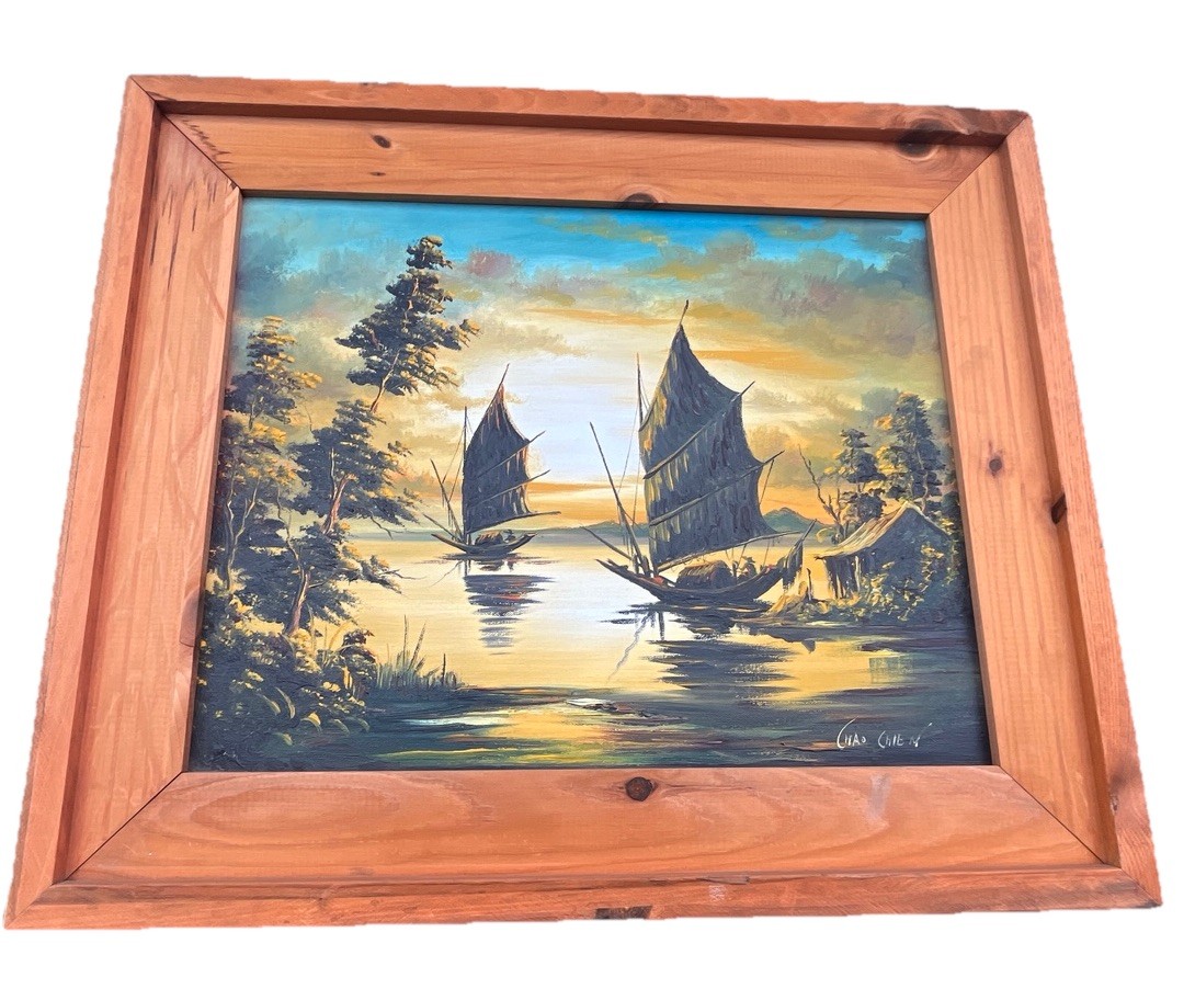 Asian Junk Boat at Sunset Decorative Oil Painting by Chao Chien