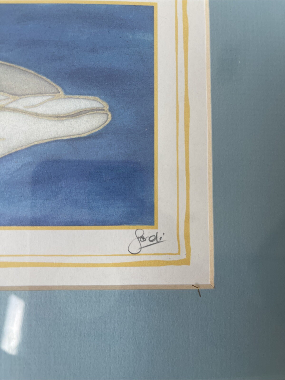 Dolphin Painting Signed Nautical Theme Watercolor Decor Matted Framed 13×11”