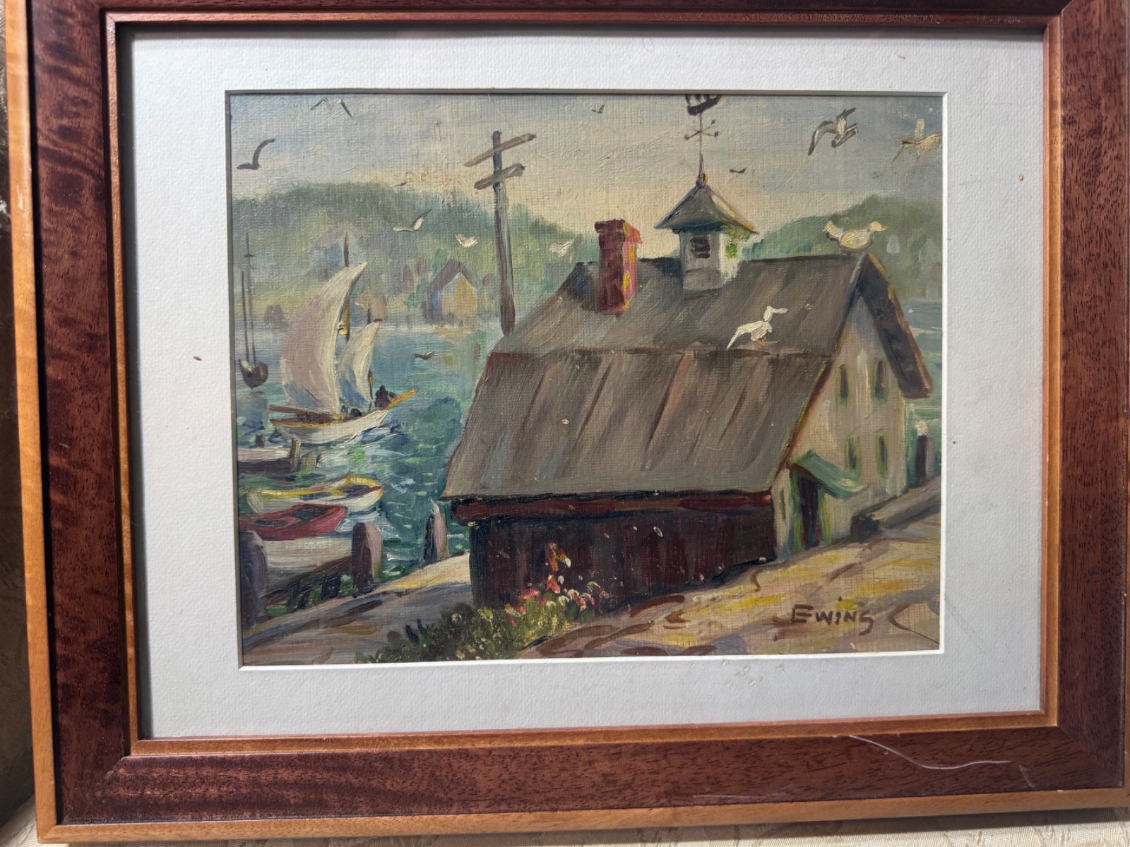 Florence Prince Ewing «Harbor Landscape Scene» Oil Painting – Signed/Framed