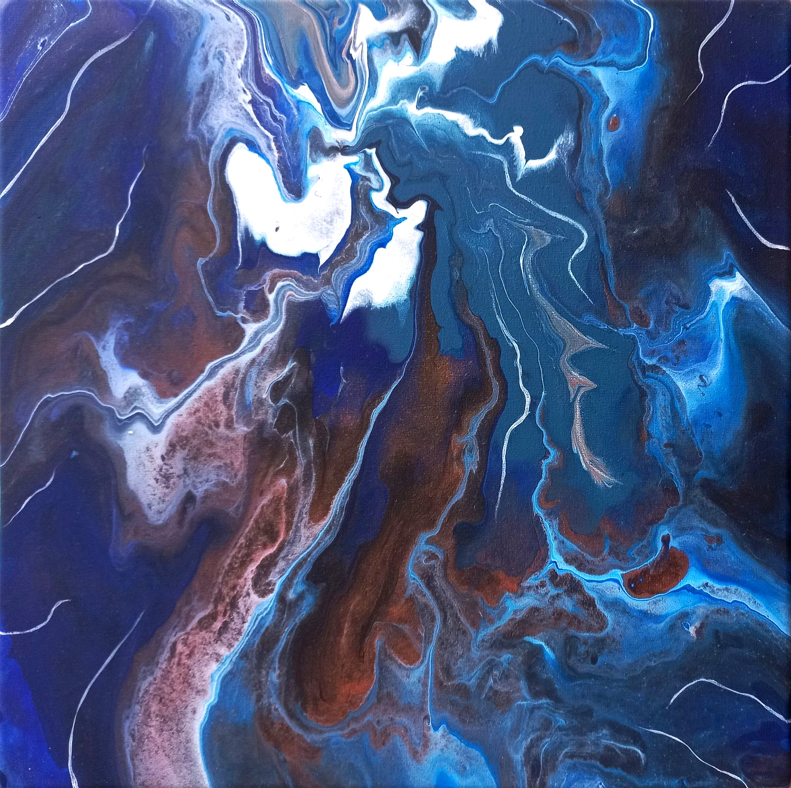 Abstract Painting Lightning Storm Original Blue Deep Copper Modern Art, 12×12
