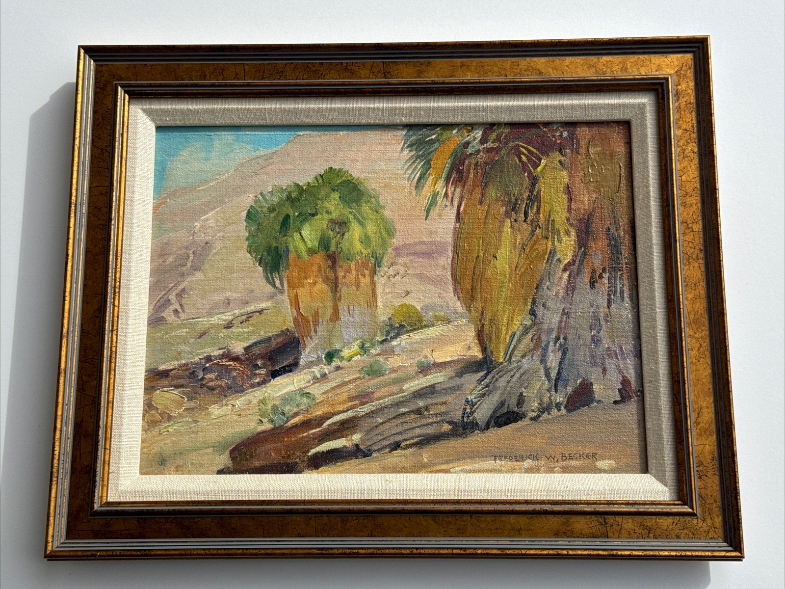 FREDERICK BECKER PAINTING ANTIQUE DESERT PALMS LANDSCAPE EARLY CALIFORNIA FAMOUS