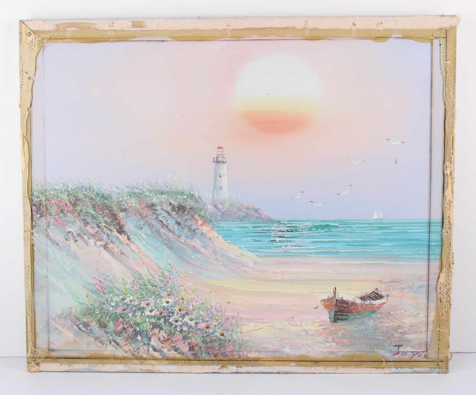 Mid Century Seashore Seascape Floral Oil Painting Signed Joyce Under Plexiglass
