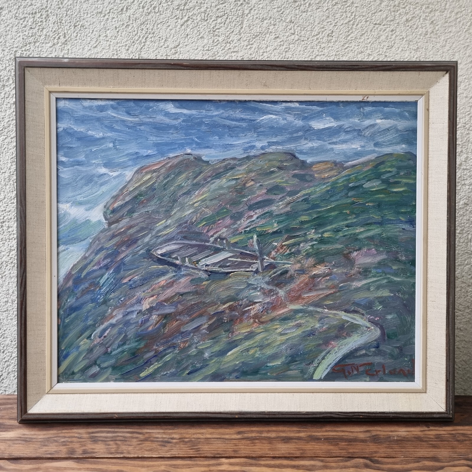 Gunnar Nerlund, Boat, coastal landscape, Oil on cardboard, Vätterstranden ,60s