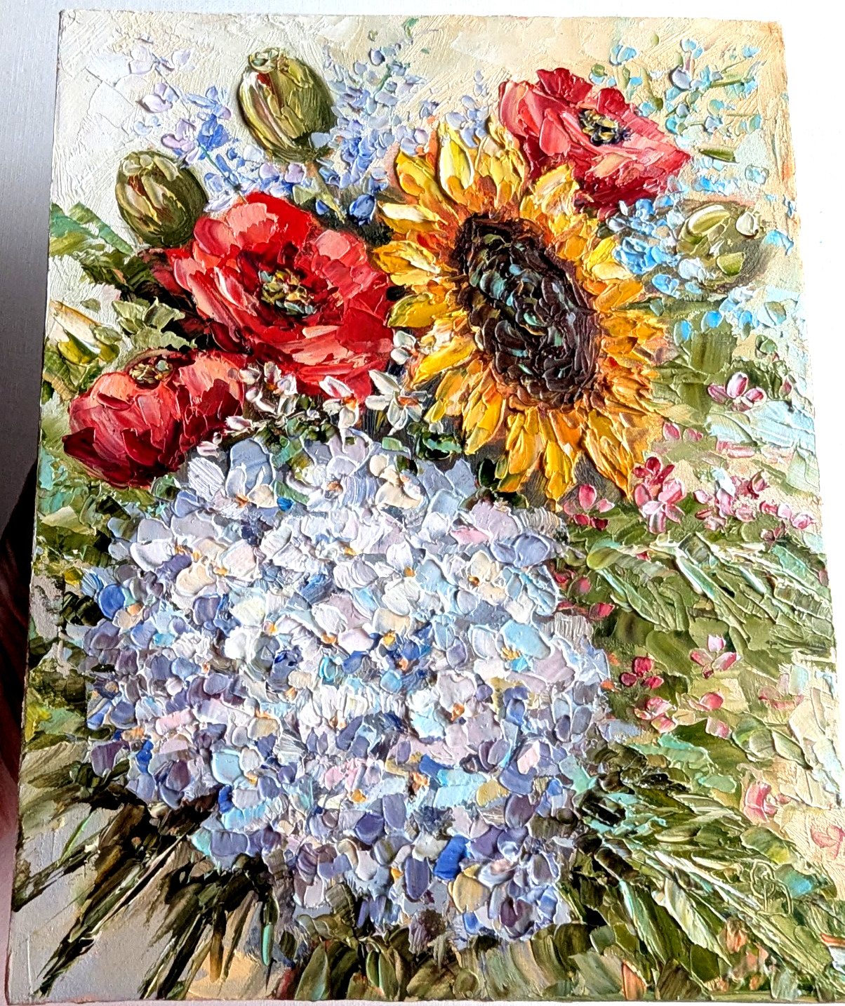 ORIGINAL OIL Painting BOUQUET of FLOWERS impasto 10″x 8″ by O.D.