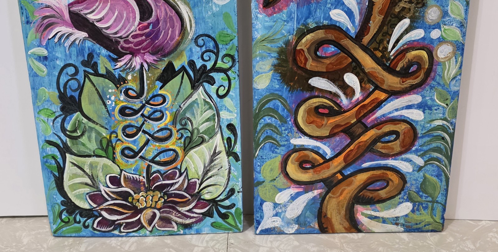 Whimsical Flamingo And Giraffe Paintings On Wood Pair Signed